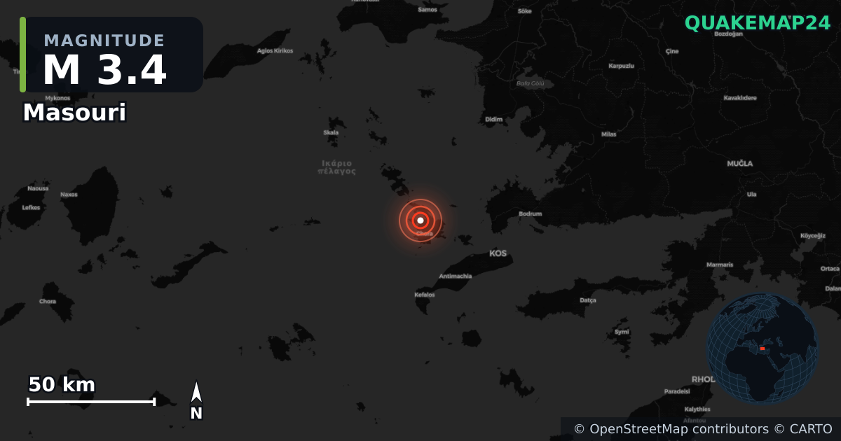 M3.4 earthquake near Masouri on Nov 2, 2025 — map of epicenter and shaking intensity | QuakeMap24