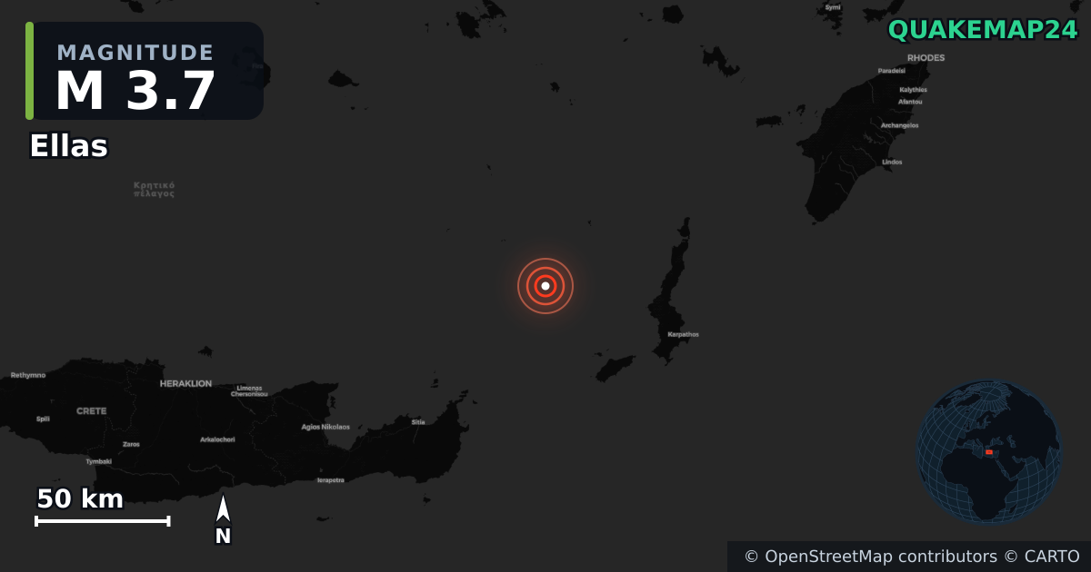 M3.7 earthquake near Ellas on Nov 8, 2025 — map of epicenter and shaking intensity | QuakeMap24
