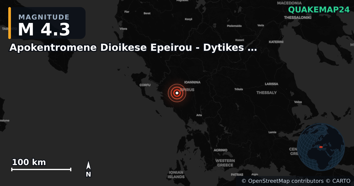 M4.3 earthquake near Apokentromene Dioikese Epeirou - Dytikes Makedonias on Jul 22, 2025 — map of epicenter and shaking intensity | QuakeMap24