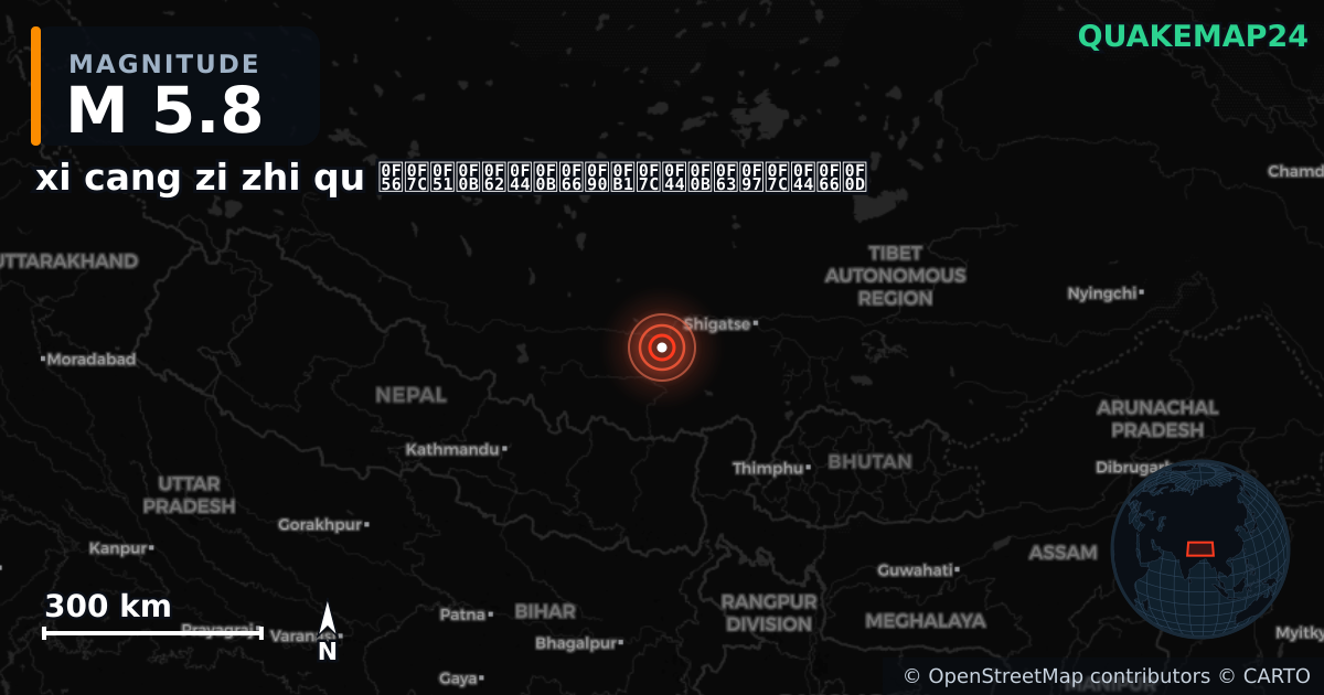 M5.8 earthquake near xi cang zi zhi qu བོད་རང་སྐྱོང་ལྗོངས། on May 11, 2025 — map of epicenter and shaking intensity | QuakeMap24