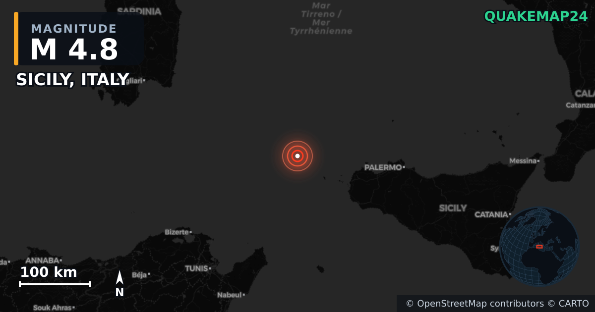 SICILY, ITALY yakınında M4,8 deprem · 2025-08-26 — Deprem merkez üssünün konumunu gösteren harita