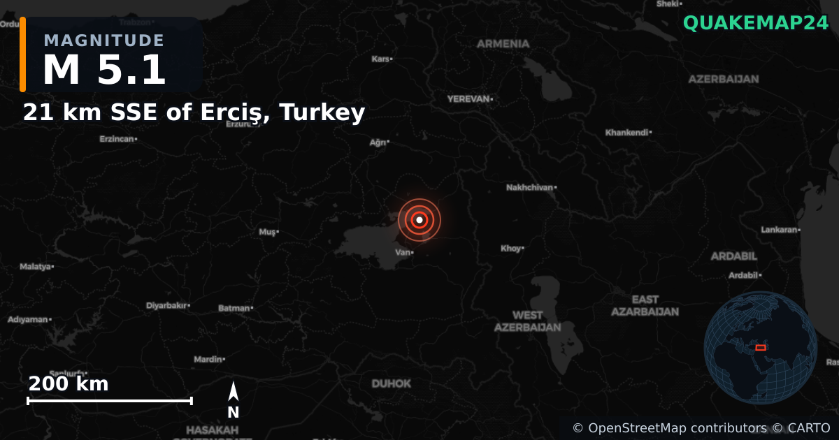 M5.1 earthquake near 21 km SSE of Erciş, Turkey on Apr 4, 2026 — map of epicenter and shaking intensity | QuakeMap24