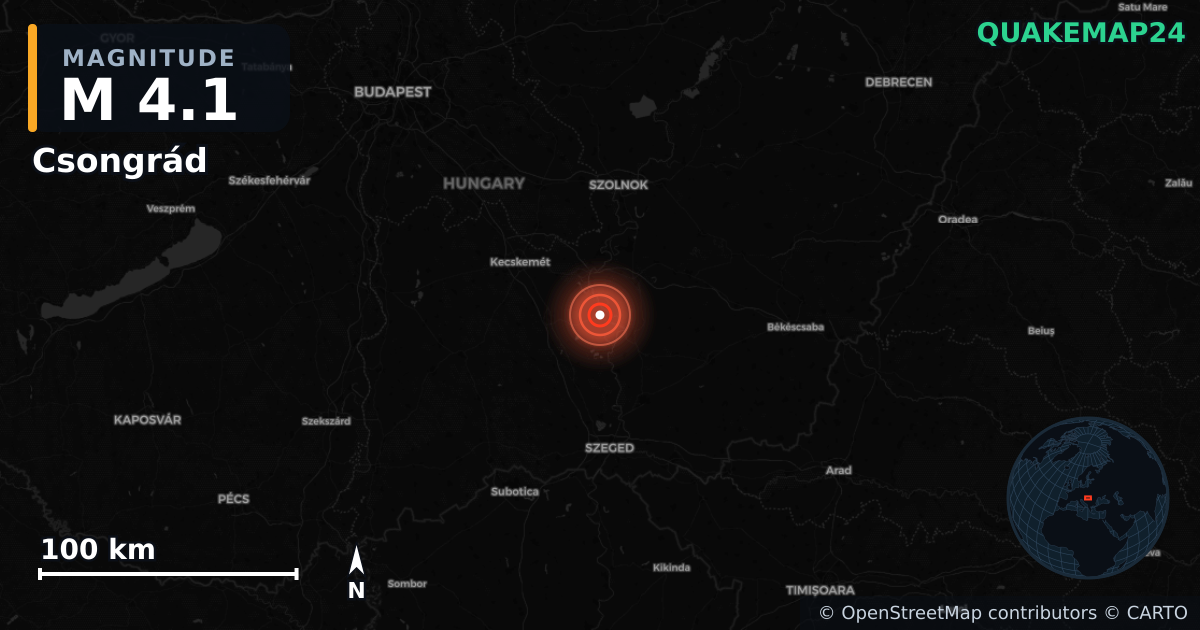 M4.1 earthquake near Csongrád on Jul 5, 2025 — map of epicenter and shaking intensity | QuakeMap24