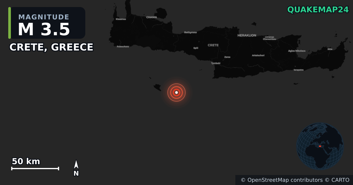 M3.5 earthquake near CRETE, GREECE on Jan 3, 2026 — map of epicenter and shaking intensity | QuakeMap24