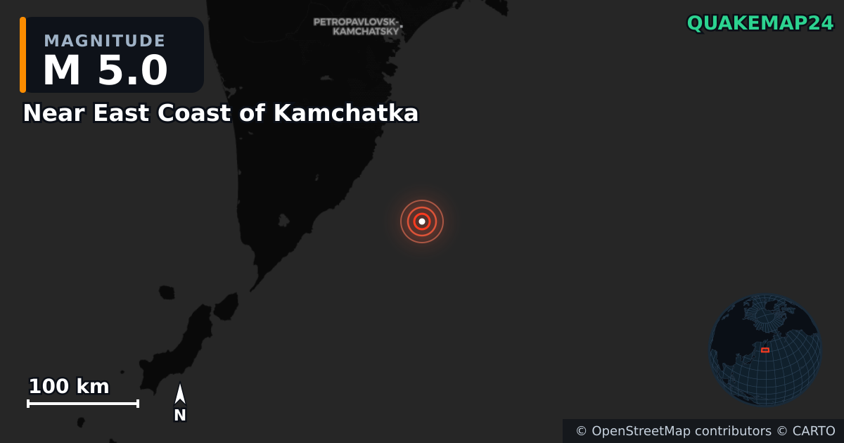M5.0 earthquake near Near East Coast of Kamchatka on Aug 13, 2025 — map of epicenter and shaking intensity | QuakeMap24