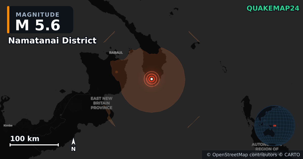Erdbeben M5,6 bei Namatanai District, New Ireland (Papua-Neuguinea) · 2026-09-26 — Karte der Lage des Epizentrums