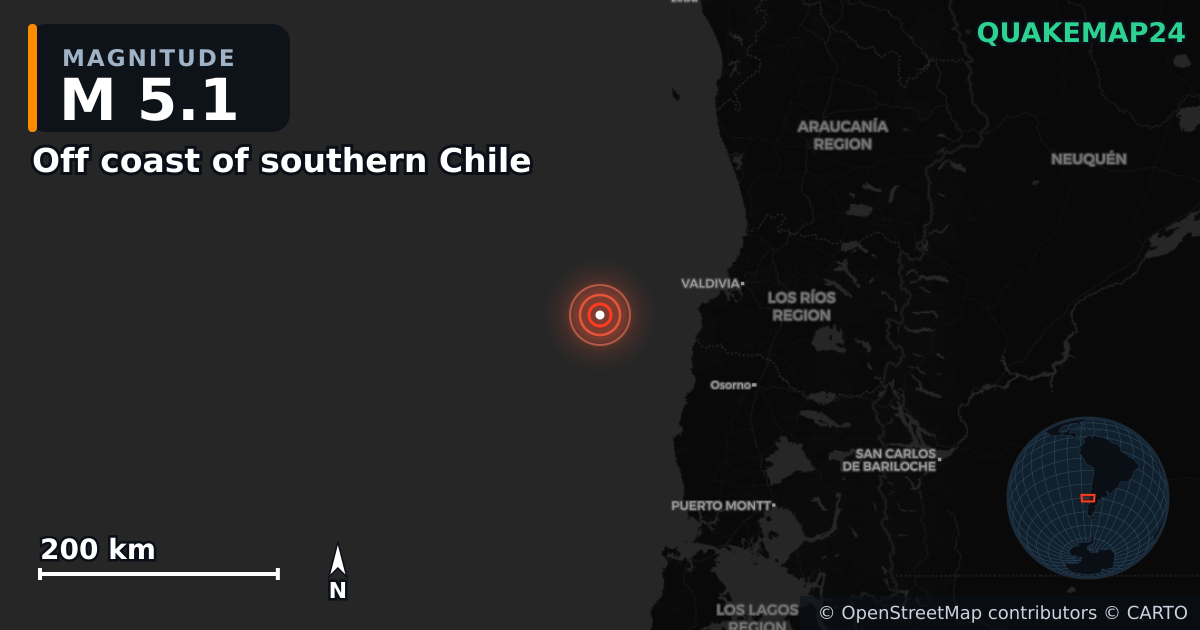 Off coast of southern Chile yakınında M5,1 deprem — Deprem merkez üssünün konumunu gösteren harita