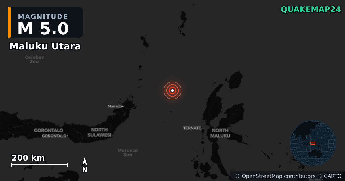 M5.0 earthquake near Maluku Utara on Dec 14, 2025 — map of epicenter and shaking intensity | QuakeMap24