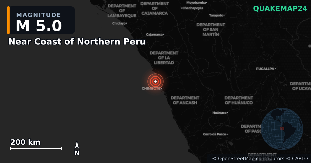 M5.0 earthquake near Near Coast of Northern Peru on Aug 13, 2025 — map of epicenter and shaking intensity | QuakeMap24