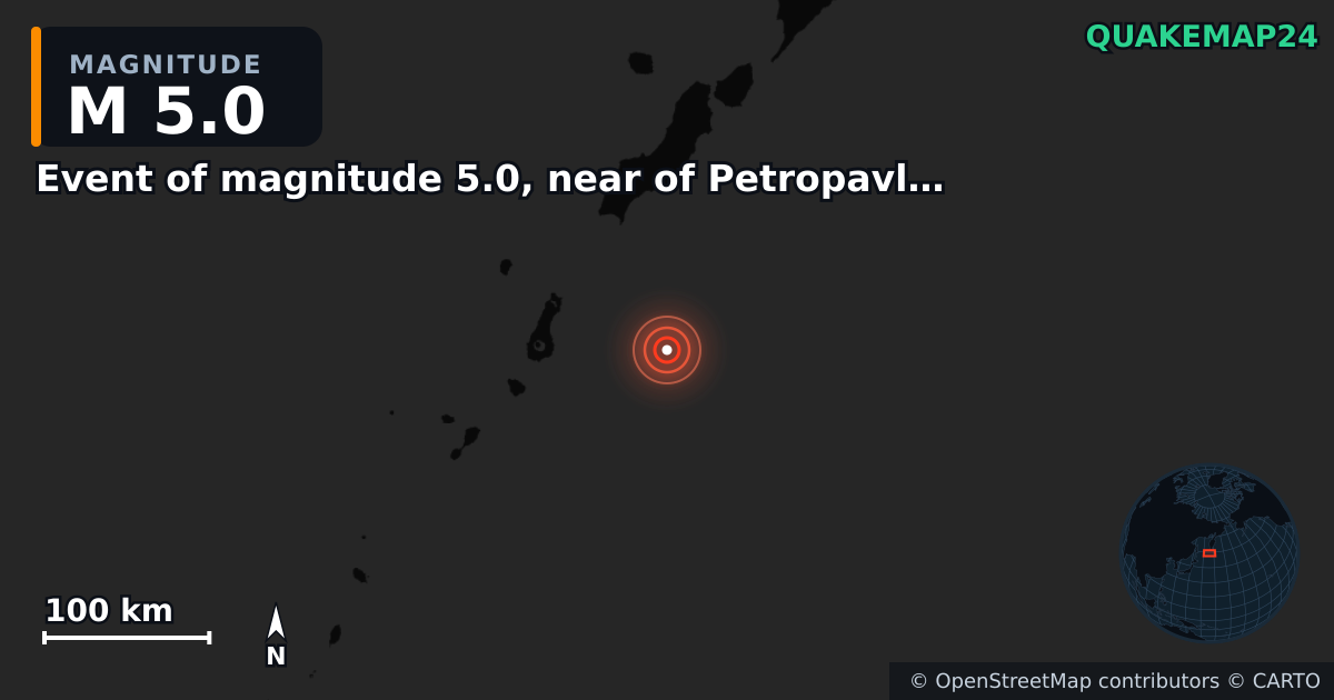 M5.0 earthquake near Event of magnitude 5.0, near of Petropavlovsk Kamchatskiy (Monde) on Dec 14, 2025 — map of epicenter and shaking intensity | QuakeMap24