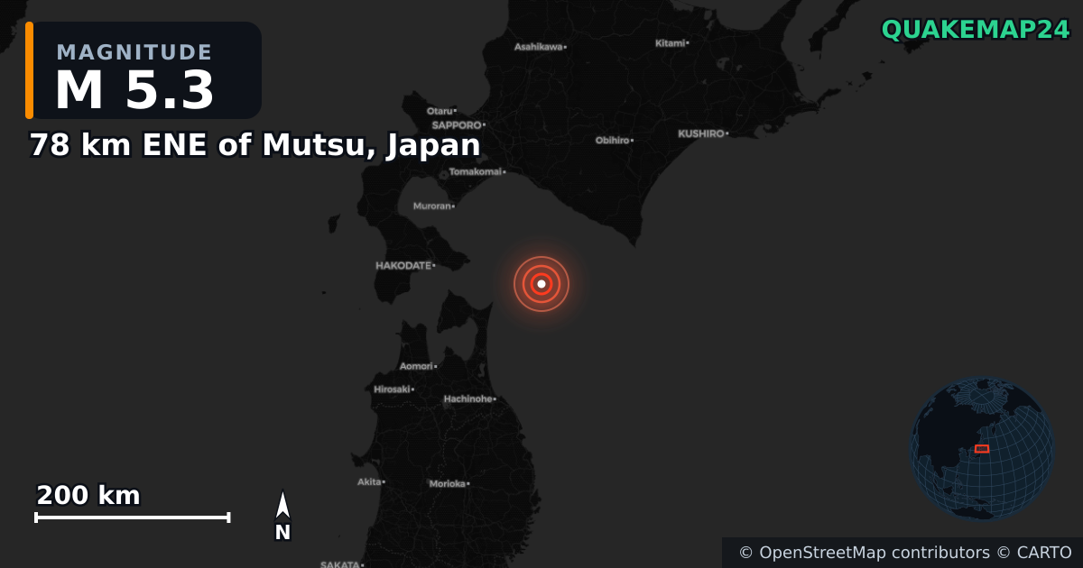 M5.3 earthquake near 78 km ENE of Mutsu, Japan on May 12, 2025 — map of epicenter and shaking intensity | QuakeMap24