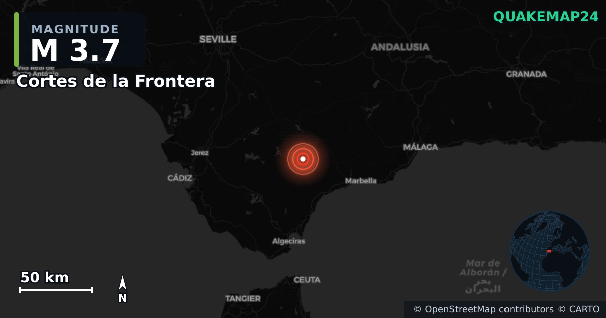 M3.7 earthquake near Cortes de la Frontera on Feb 8, 2026 — map of epicenter and shaking intensity | QuakeMap24