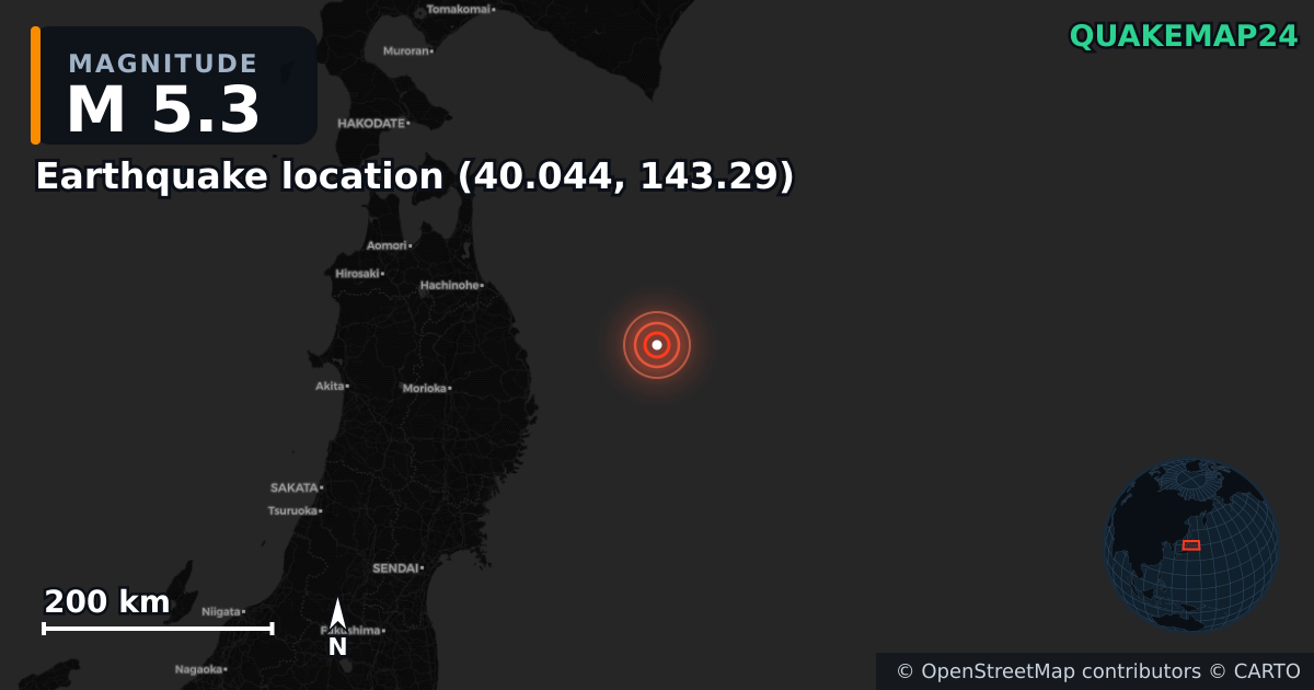 M5.3 earthquake near Deprem konumu (40.044, 143.29) on Nov 9, 2025 — map of epicenter and shaking intensity | QuakeMap24