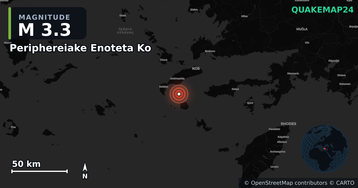 M3.3 earthquake near Periphereiake Enoteta Ko on Dec 28, 2025 — map of epicenter and shaking intensity | QuakeMap24