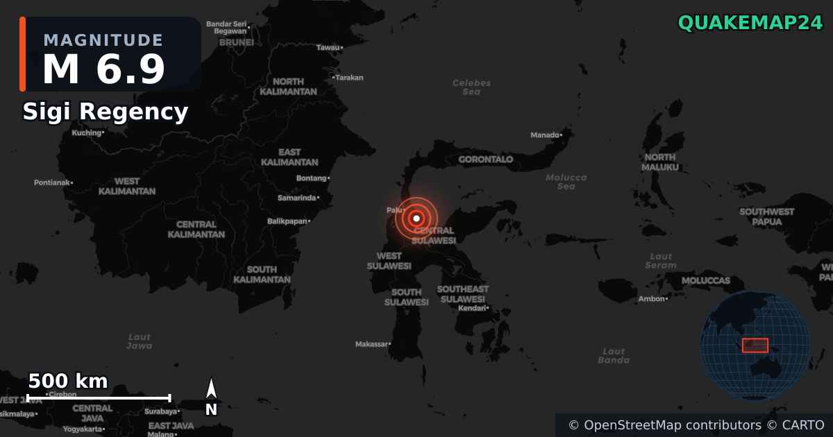 M6.9 earthquake near Sigi Regency on Jun 16, 2026 — map of epicenter and shaking intensity | QuakeMap24
