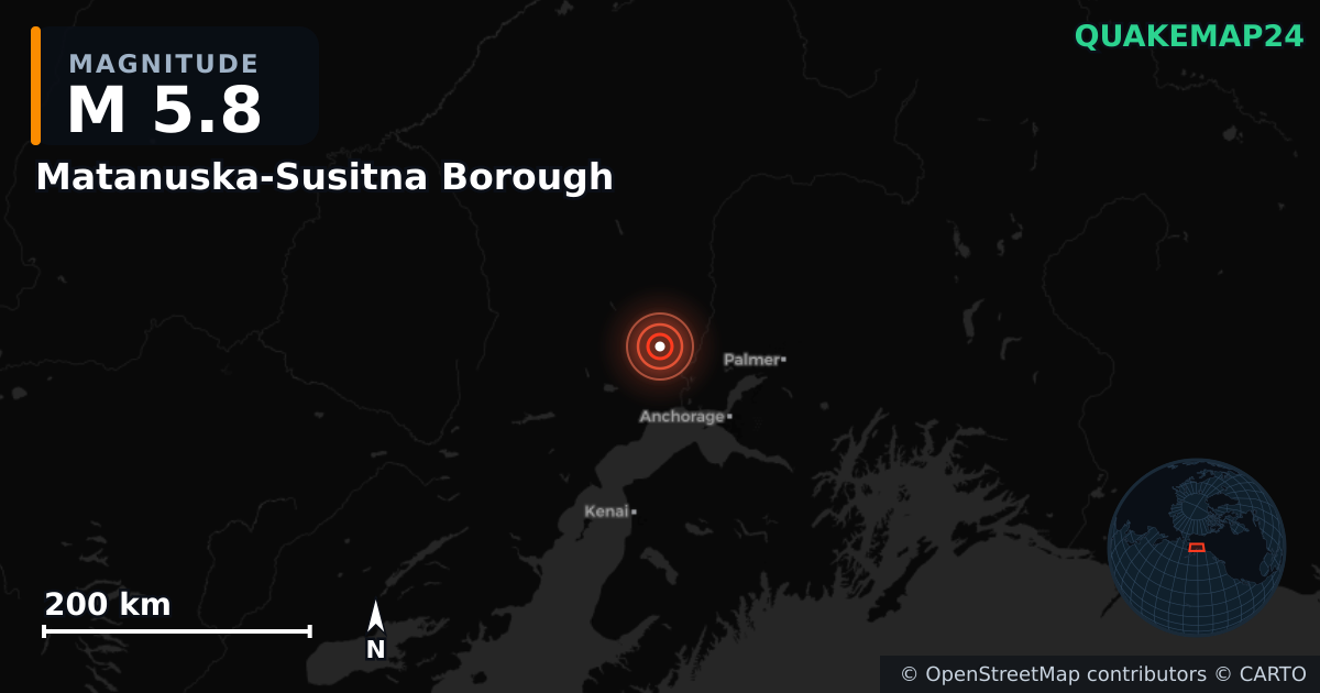 M5.8 earthquake near Matanuska-Susitna Borough on Nov 27, 2025 — map of epicenter and shaking intensity | QuakeMap24