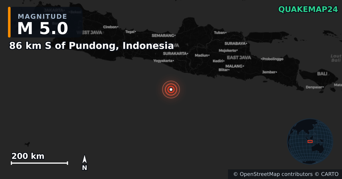 Σεισμός M5,0 κοντά στο 86 km S of Pundong, Indonesia · 2025-02-01 — Χάρτης της θέσης του επικέντρου