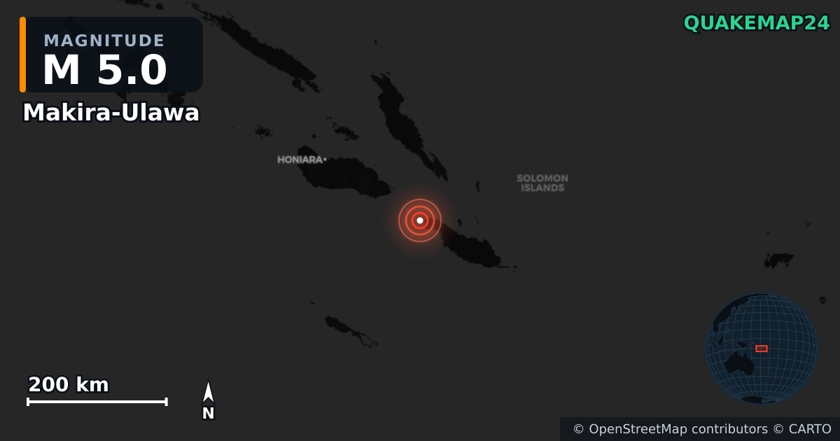 M5.0 earthquake near Makira-Ulawa on May 12, 2026 — map of epicenter and shaking intensity | QuakeMap24
