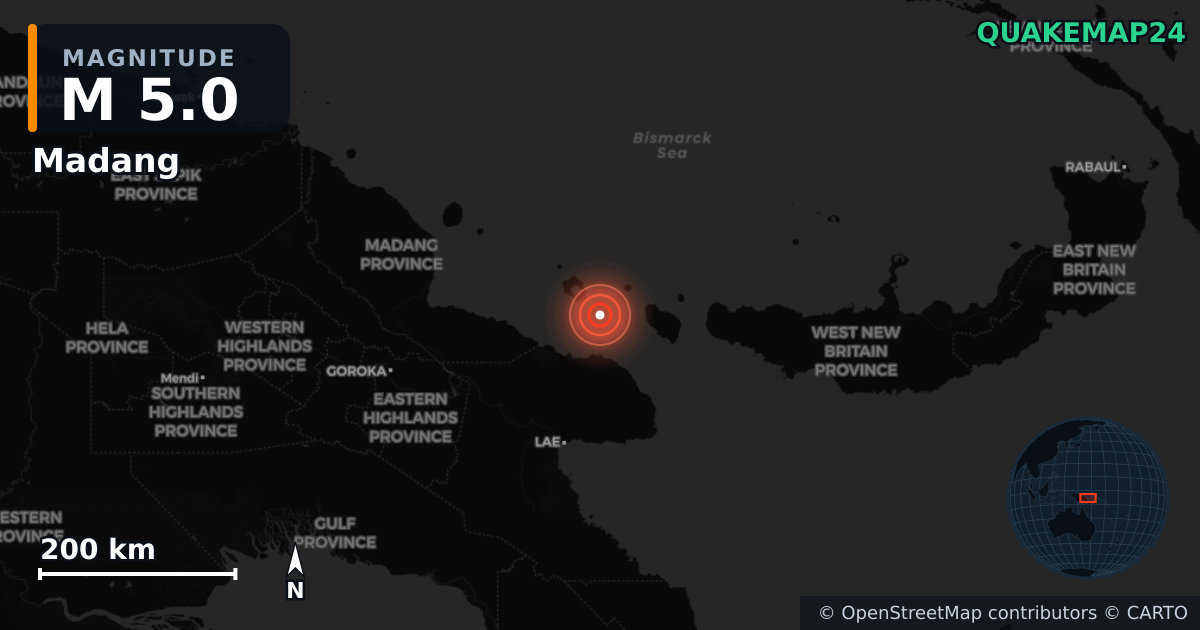 M5.0 earthquake near Madang on Jun 7, 2025 — map of epicenter and shaking intensity | QuakeMap24