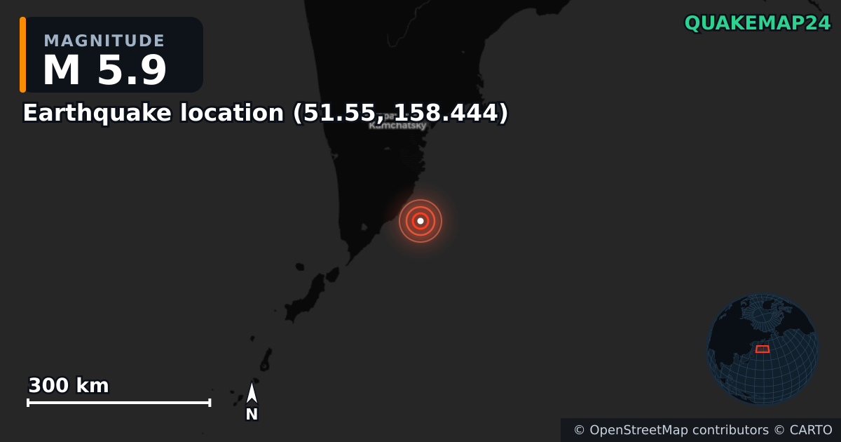 M5.9 earthquake near Deprem konumu (51.55, 158.444) on Sep 18, 2025 — map of epicenter and shaking intensity | QuakeMap24