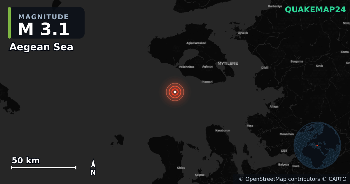 M3.1 earthquake near Aegean Sea on Dec 1, 2025 — map of epicenter and shaking intensity | QuakeMap24