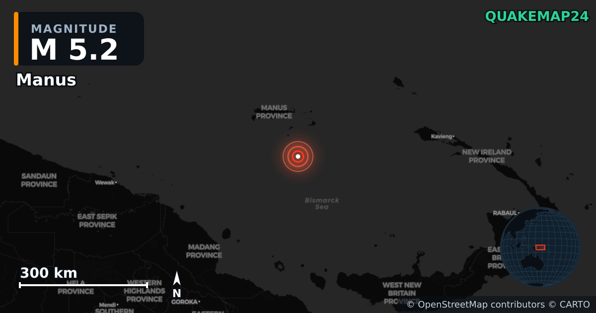 M5.2 earthquake near Manus on Jul 8, 2025 — map of epicenter and shaking intensity | QuakeMap24
