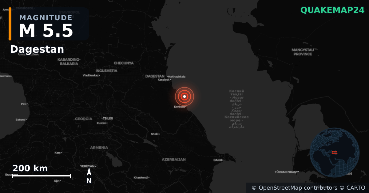 M5.5 earthquake near Dagestan on Aug 26, 2025 — map of epicenter and shaking intensity | QuakeMap24