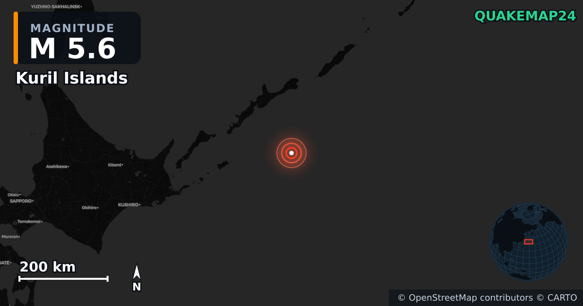 M5.6 earthquake near Kuril Islands on Feb 12, 2026 — map of epicenter and shaking intensity | QuakeMap24