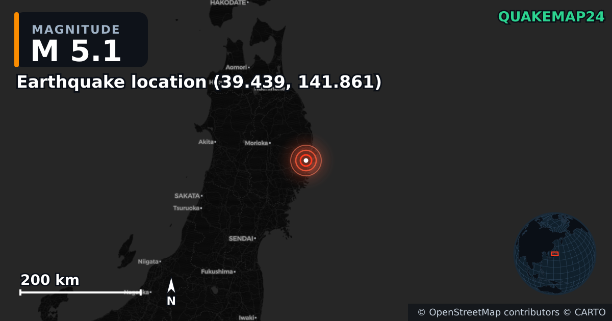 M5.1 earthquake near Deprem konumu (39.439, 141.861) on Nov 8, 2025 — map of epicenter and shaking intensity | QuakeMap24