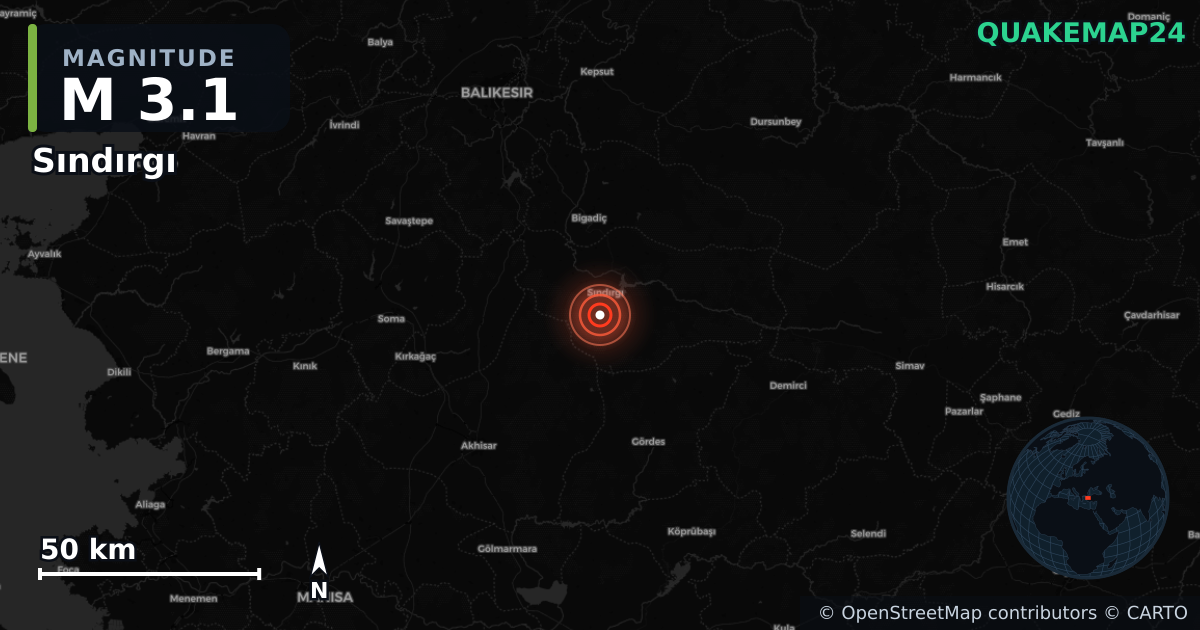 M3.1 earthquake near Sındırgı on Aug 18, 2025 — map of epicenter and shaking intensity | QuakeMap24