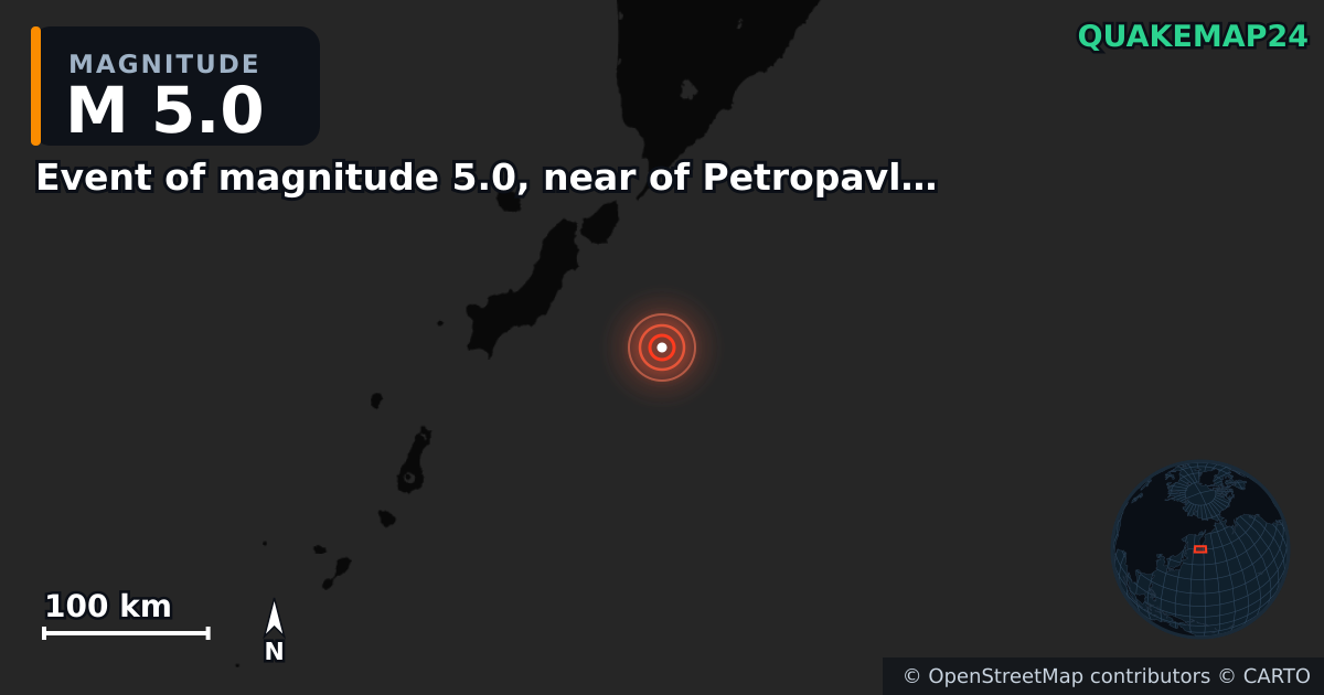 M5.0 earthquake near Event of magnitude 5.0, near of Petropavlovsk Kamchatskiy (Monde) on Feb 26, 2026 — map of epicenter and shaking intensity | QuakeMap24