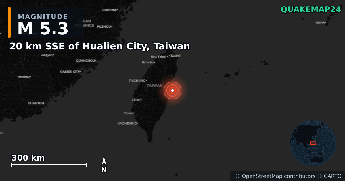 M5.3 earthquake near 20 km SSE of Hualien City, Taiwan on Dec 8, 2025 — map of epicenter and shaking intensity | QuakeMap24