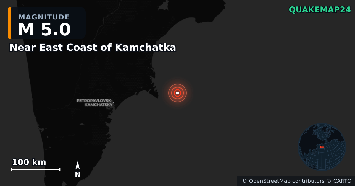 M5.0 earthquake near Near East Coast of Kamchatka on Sep 18, 2025 — map of epicenter and shaking intensity | QuakeMap24