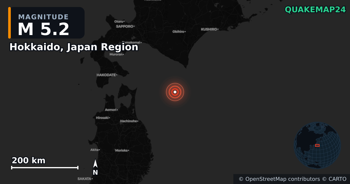 M5.2 earthquake near Hokkaido, Japan Region on Jan 16, 2026 — map of epicenter and shaking intensity | QuakeMap24