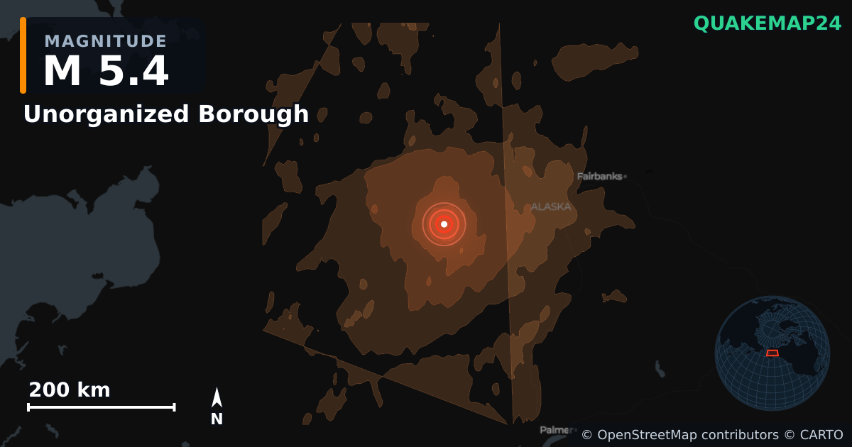 Terremoto de M5,4 cerca de Unorganized Borough, Alaska (Estados Unidos) · 2026-10-15 — Mapa de la ubicación del epicentro