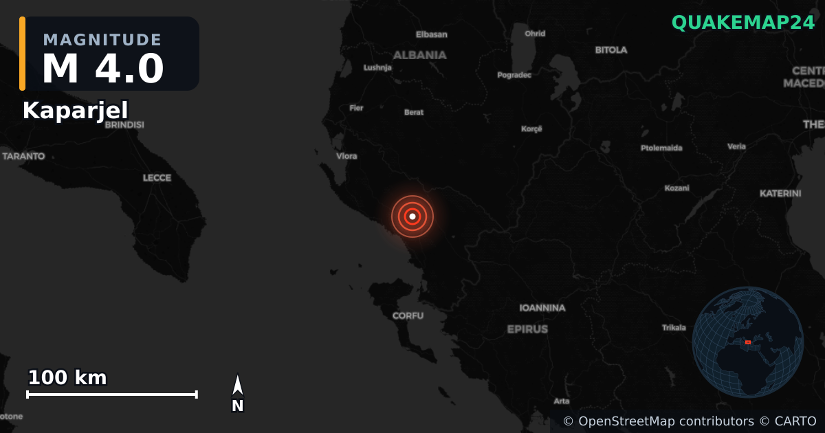 M4.0 earthquake near Kaparjel on Jun 12, 2026 — map of epicenter and shaking intensity | QuakeMap24