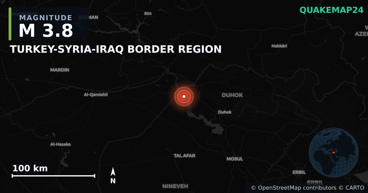 M3.8 earthquake near TURKEY-SYRIA-IRAQ BORDER REGION on Jun 4, 2025 — map of epicenter and shaking intensity | QuakeMap24