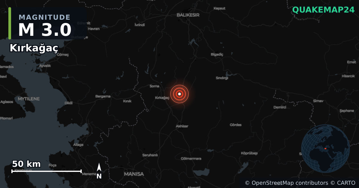 Terremoto de M3,0 cerca de Kırkağaç (Turquía) · 2025-12-27 — Mapa de la ubicación del epicentro