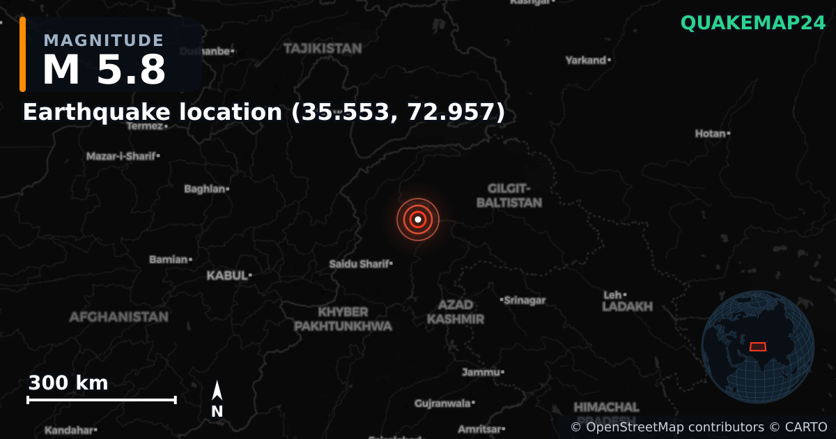 M5.8 earthquake near Earthquake location (35.553, 72.957) on Aug 19, 2025 — map of epicenter and shaking intensity | QuakeMap24