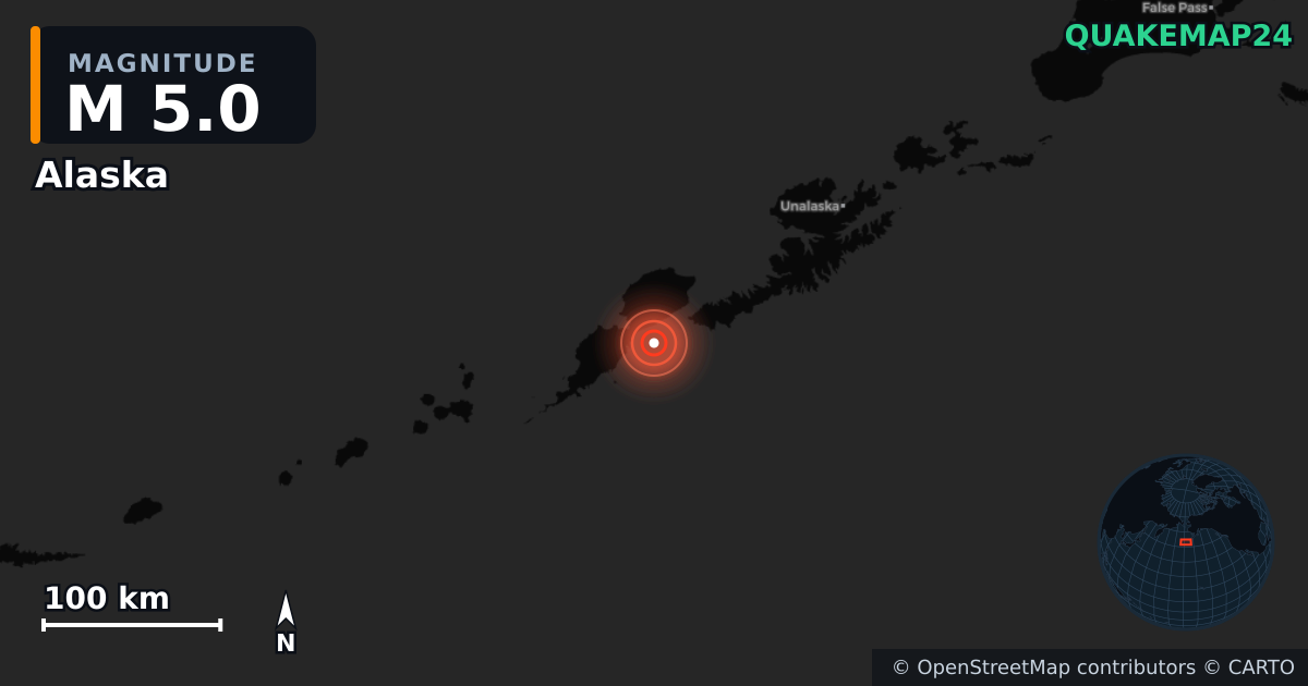 M5.0 earthquake near Alaska on Nov 25, 2025 — map of epicenter and shaking intensity | QuakeMap24