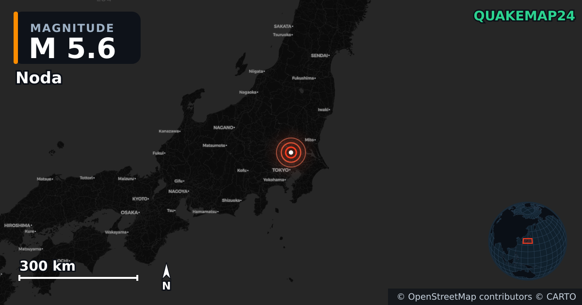 M5.6 earthquake near Noda on Jun 16, 2026 — map of epicenter and shaking intensity | QuakeMap24