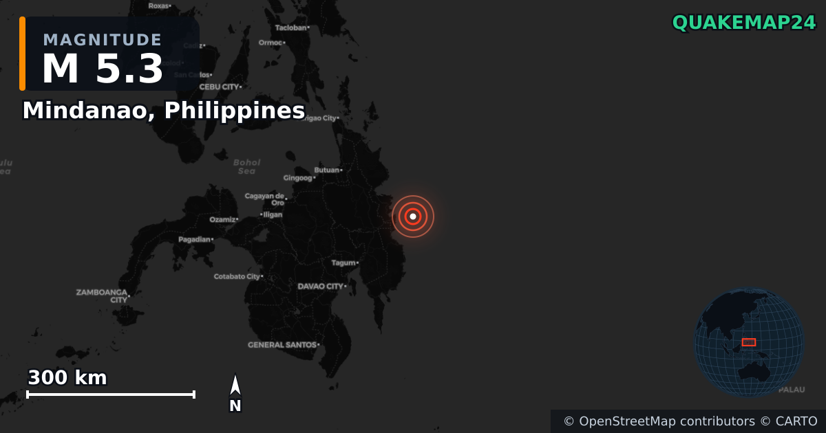 M5.3 earthquake near Mindanao, Philippines on Jun 17, 2025 — map of epicenter and shaking intensity | QuakeMap24