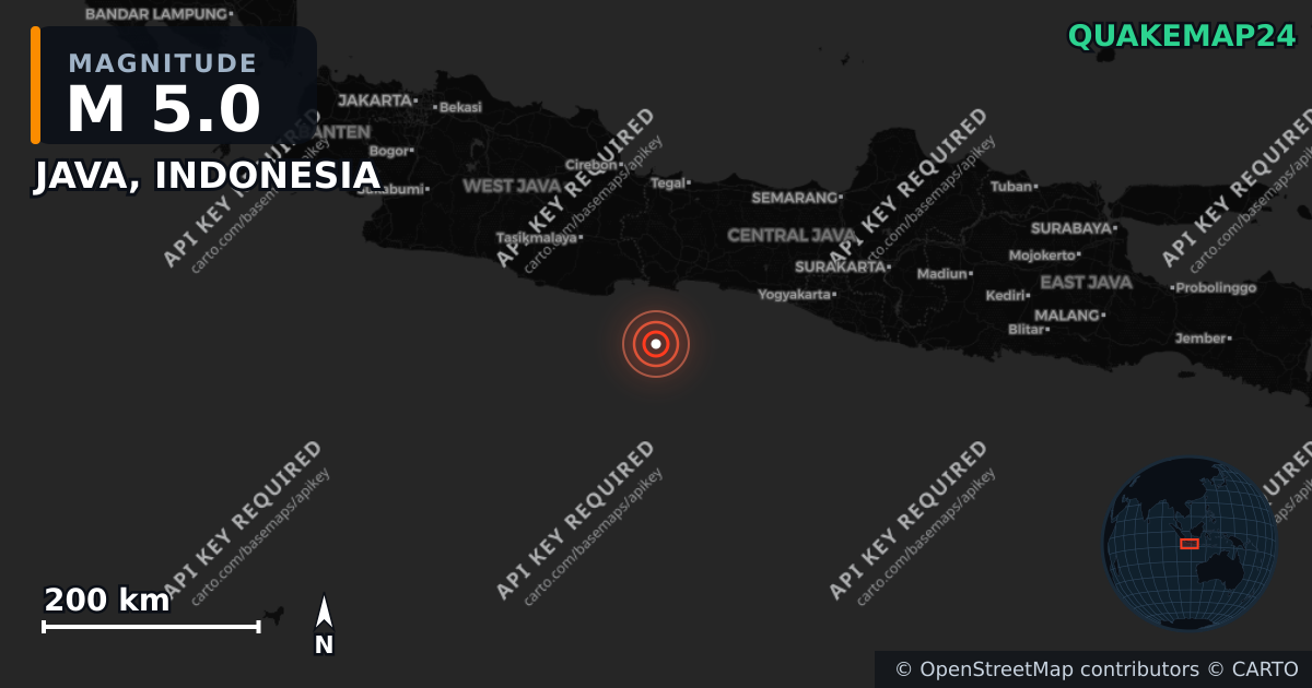 M5.0 earthquake near JAVA, INDONESIA on Sep 4, 2026 — map of epicenter and shaking intensity | QuakeMap24