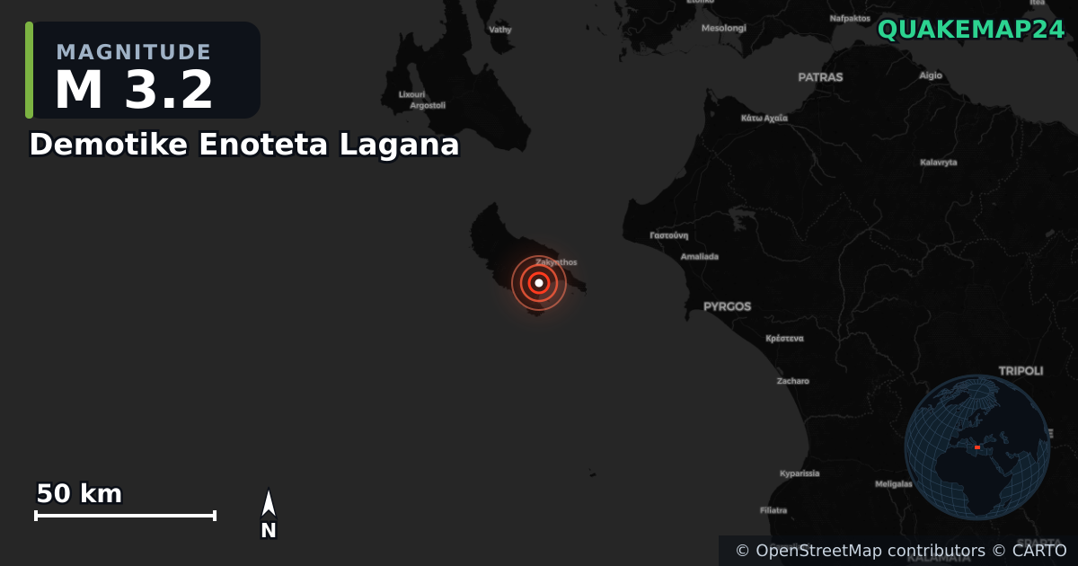 M3.2 earthquake near Demotike Enoteta Lagana on May 30, 2026 — map of epicenter and shaking intensity | QuakeMap24