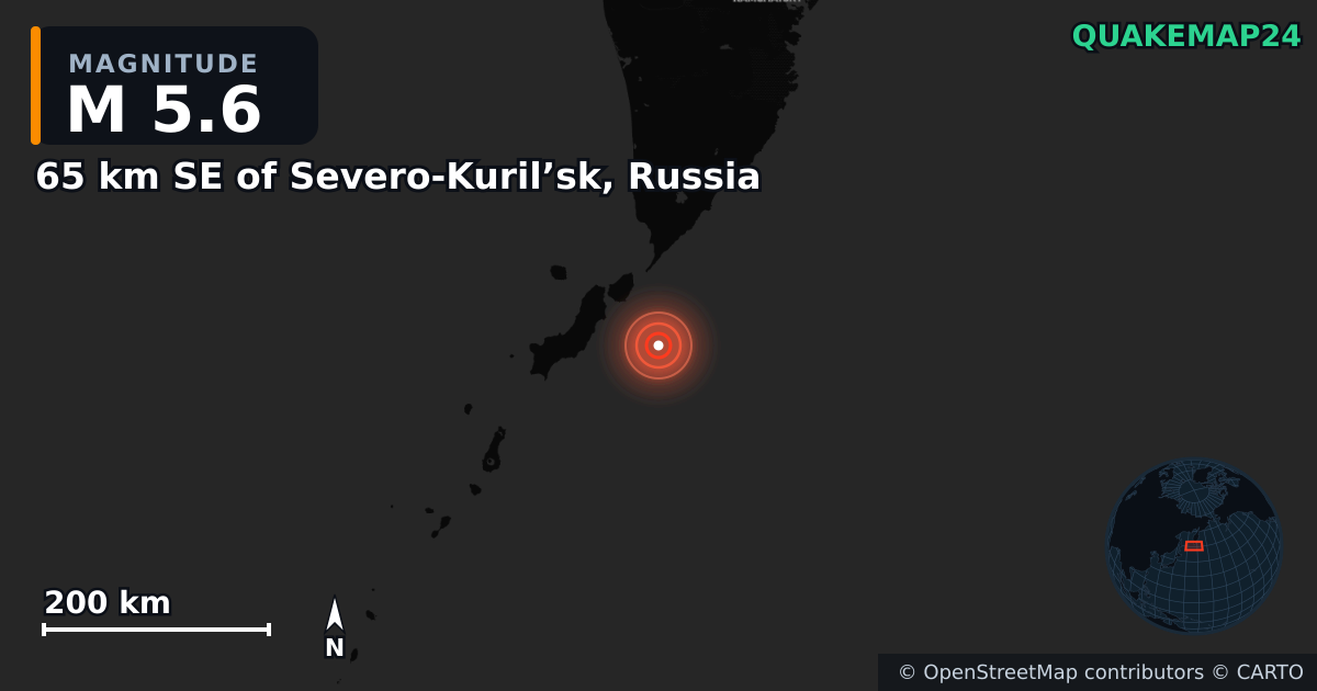 M5.6 earthquake near 65 km SE of Severo-Kuril’sk, Russia on Dec 7, 2025 — map of epicenter and shaking intensity | QuakeMap24