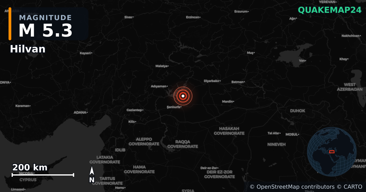 M5.3 Earthquake near Hilvan, Şanlıurfa (Turkey) · 2026-09-24 — Map showing the location of the epicenter
