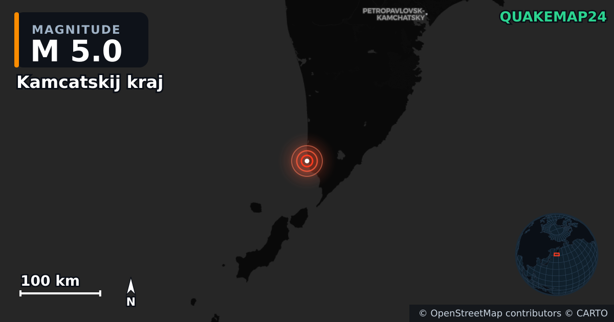 M5.0 earthquake near Kamcatskij kraj on Aug 8, 2025 — map of epicenter and shaking intensity | QuakeMap24