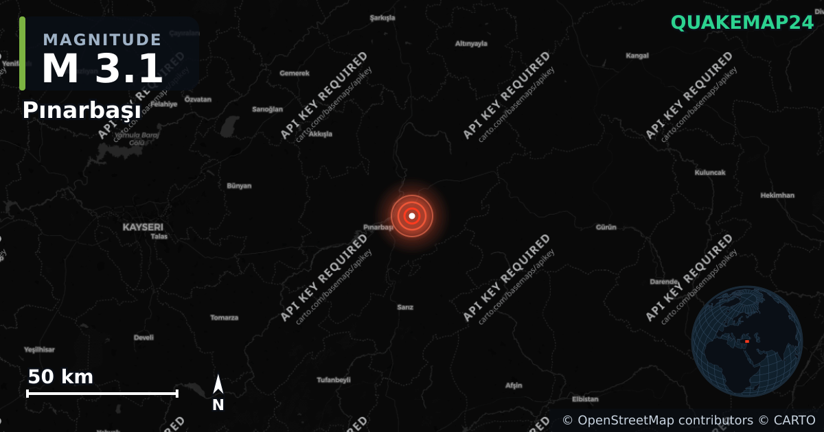 M3.1 earthquake near Pınarbaşı on Aug 26, 2026 — map of epicenter and shaking intensity | QuakeMap24