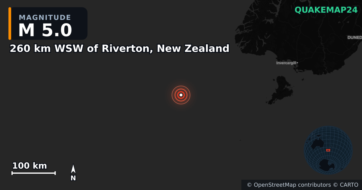 Erdbeben M5,0 bei 260 km WSW of Riverton, New Zealand — Karte der Lage des Epizentrums