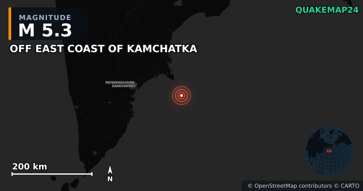 OFF EAST COAST OF KAMCHATKA yakınında M5,3 deprem — Deprem merkez üssünün konumunu gösteren harita